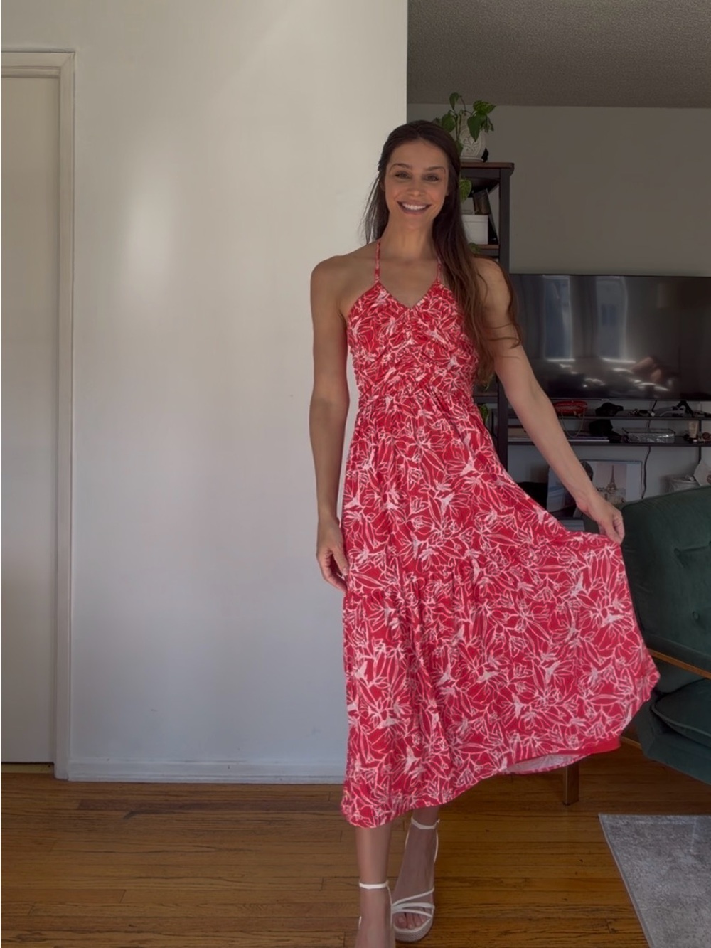Floral Halter Midi Dress in Red - Women's Summer Dress